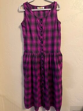 Vintage Victoria Harbor Plaid Sleeveless Jumper Dress 22-Button Purple Cotton‎